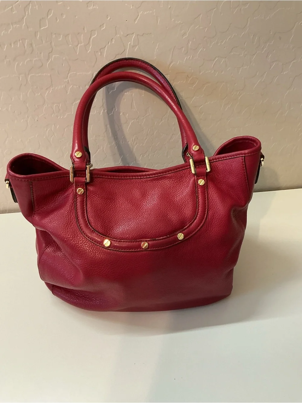 Tory Burch Amanda Pebbled Leather Red Raspberry crossbody tote bag